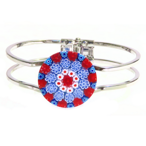 Murano glass red blue millefiori chrome bangle bracelet