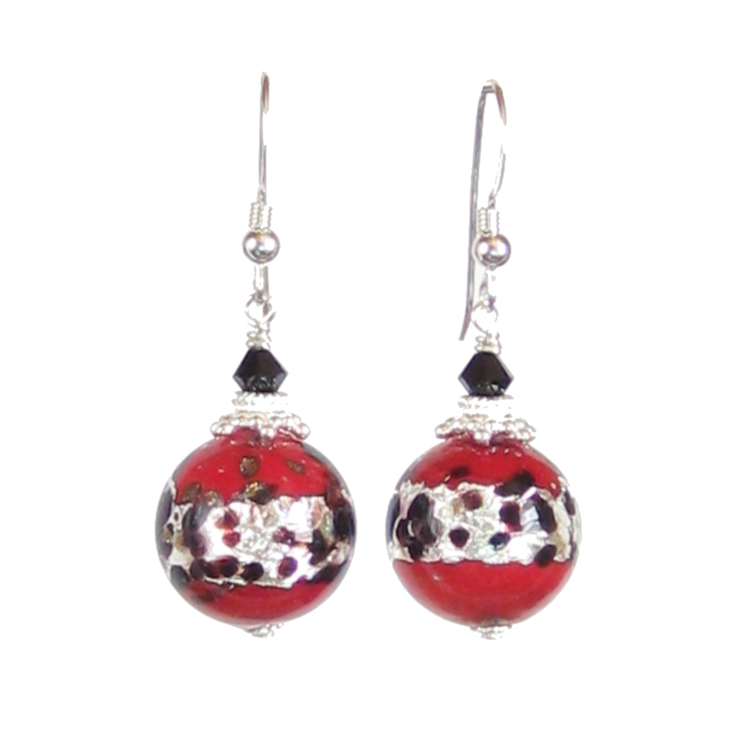 Murano Glass Red Leopard Ball Sterling Silver Earrings - JKC Murano