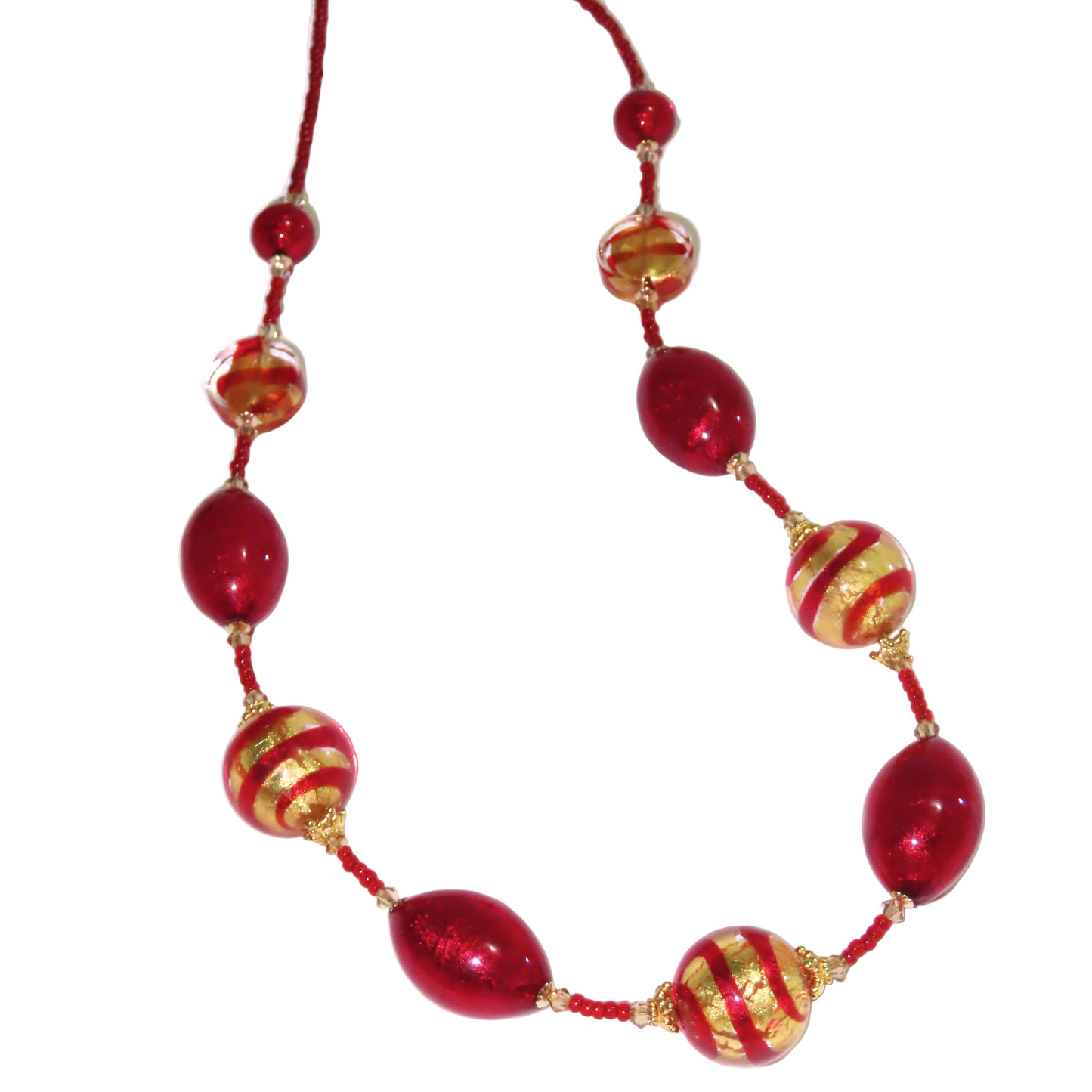 Murano Glass Red Striped Ball Gold Necklace