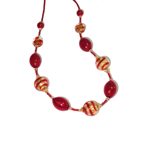 Murano Glass Red Striped Ball Gold Necklace