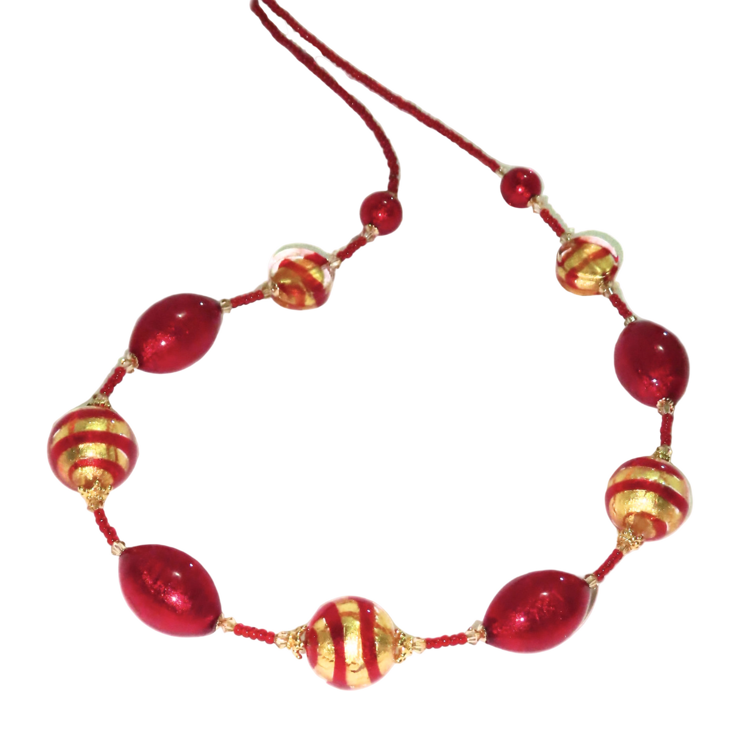 Necklace with red and gold beads on a white background