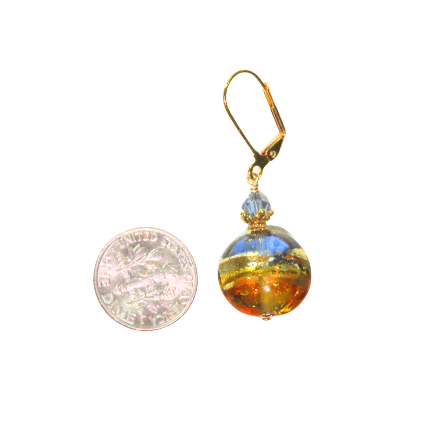 Murano glass blue topaz disc leverback earrings