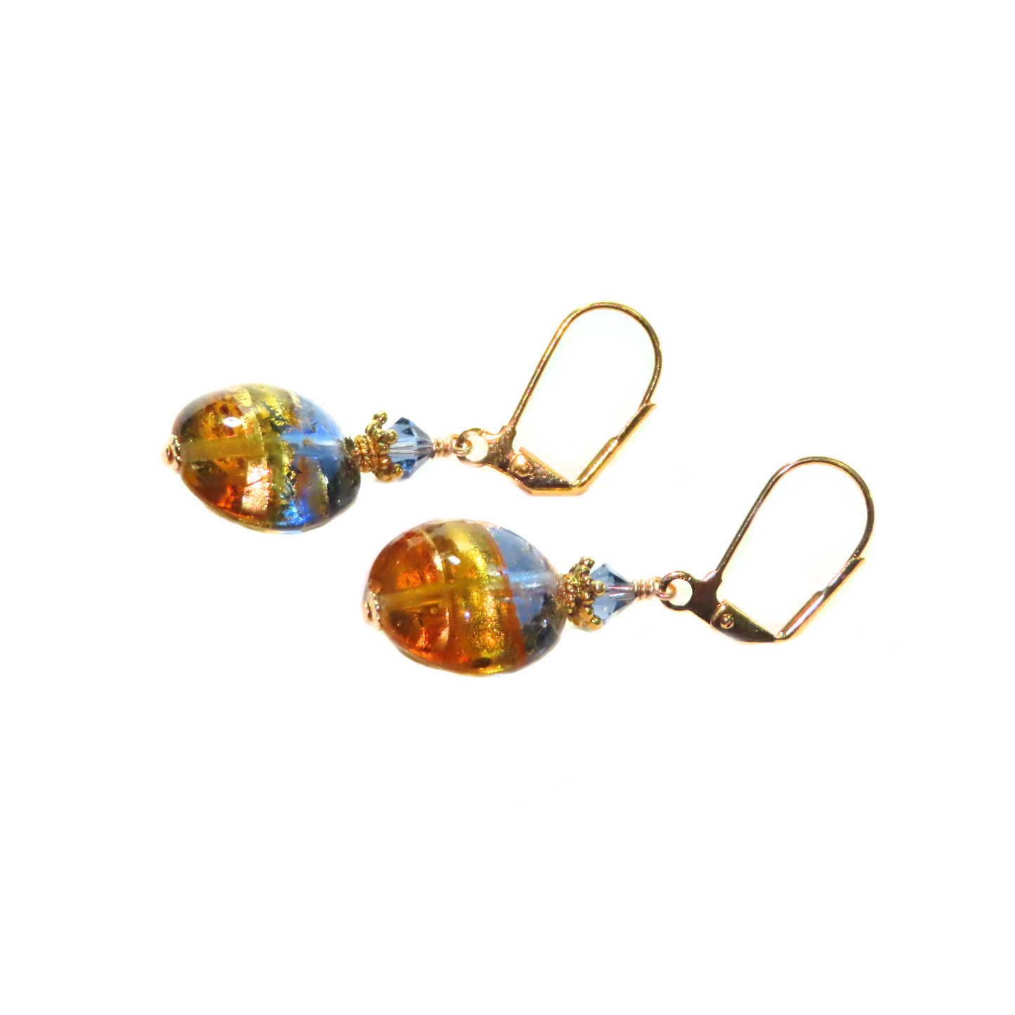 Murano glass blue topaz disc leverback earrings