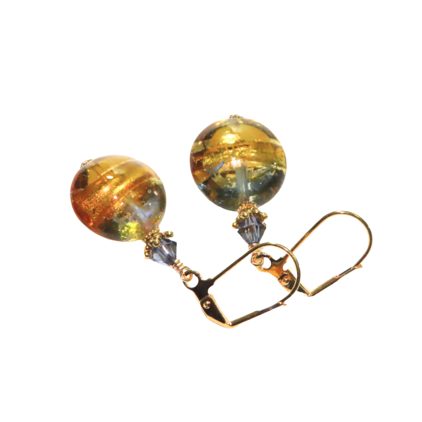 Murano glass blue topaz disc leverback earrings