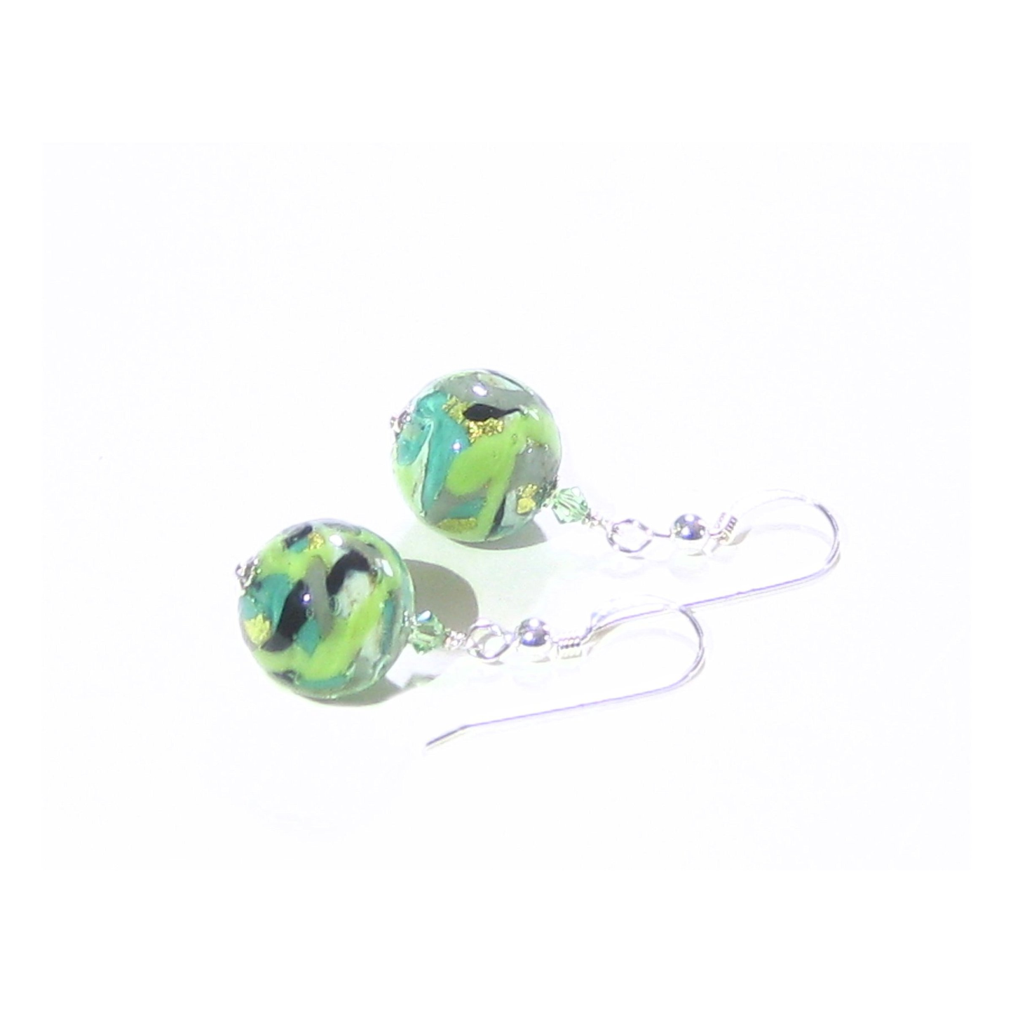 Murano Glass Green Black Gray Abstract Ball Silver Earrings - JKC Murano
