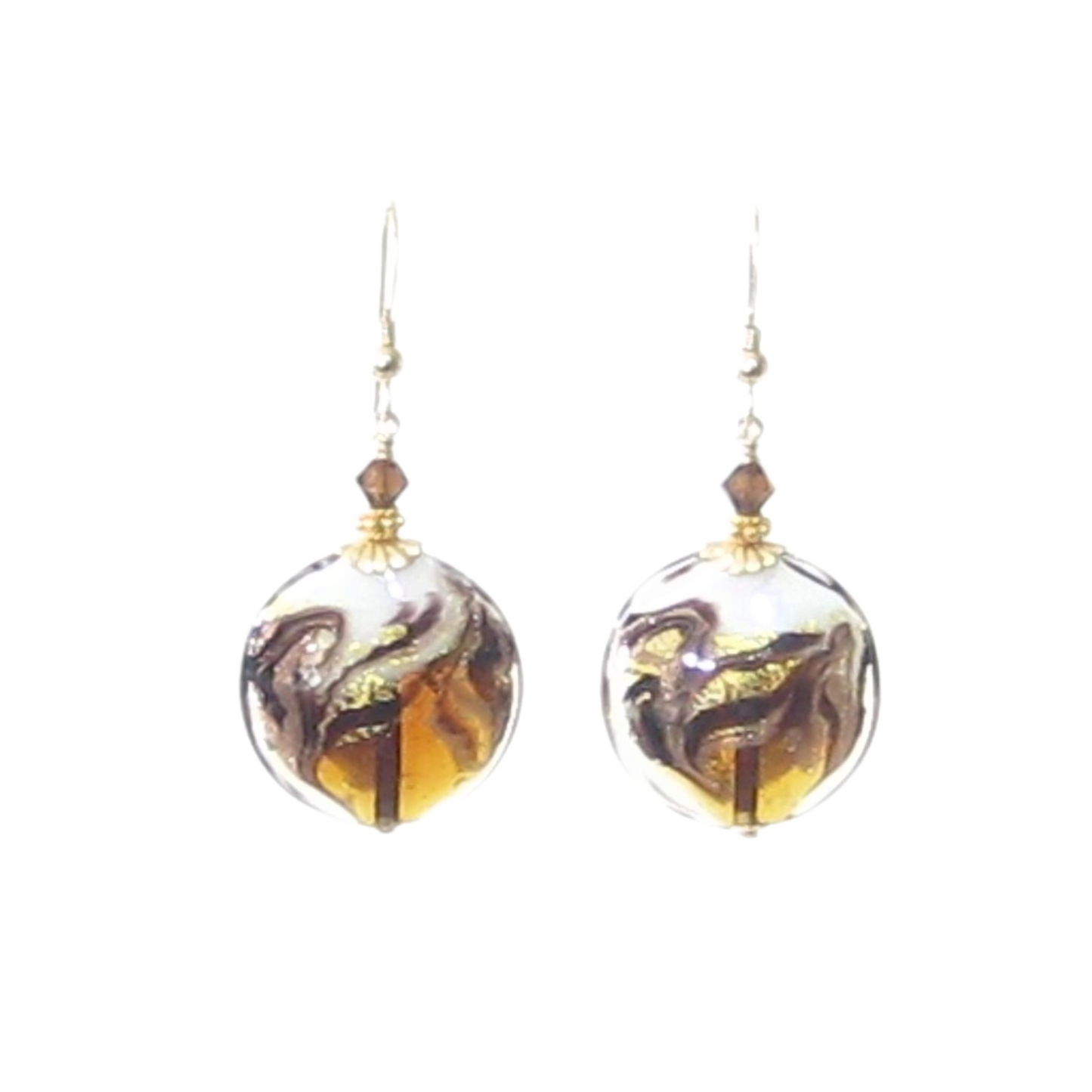 Murano Glass Topaz White Swirl Disc Gold Earrings - JKC Murano