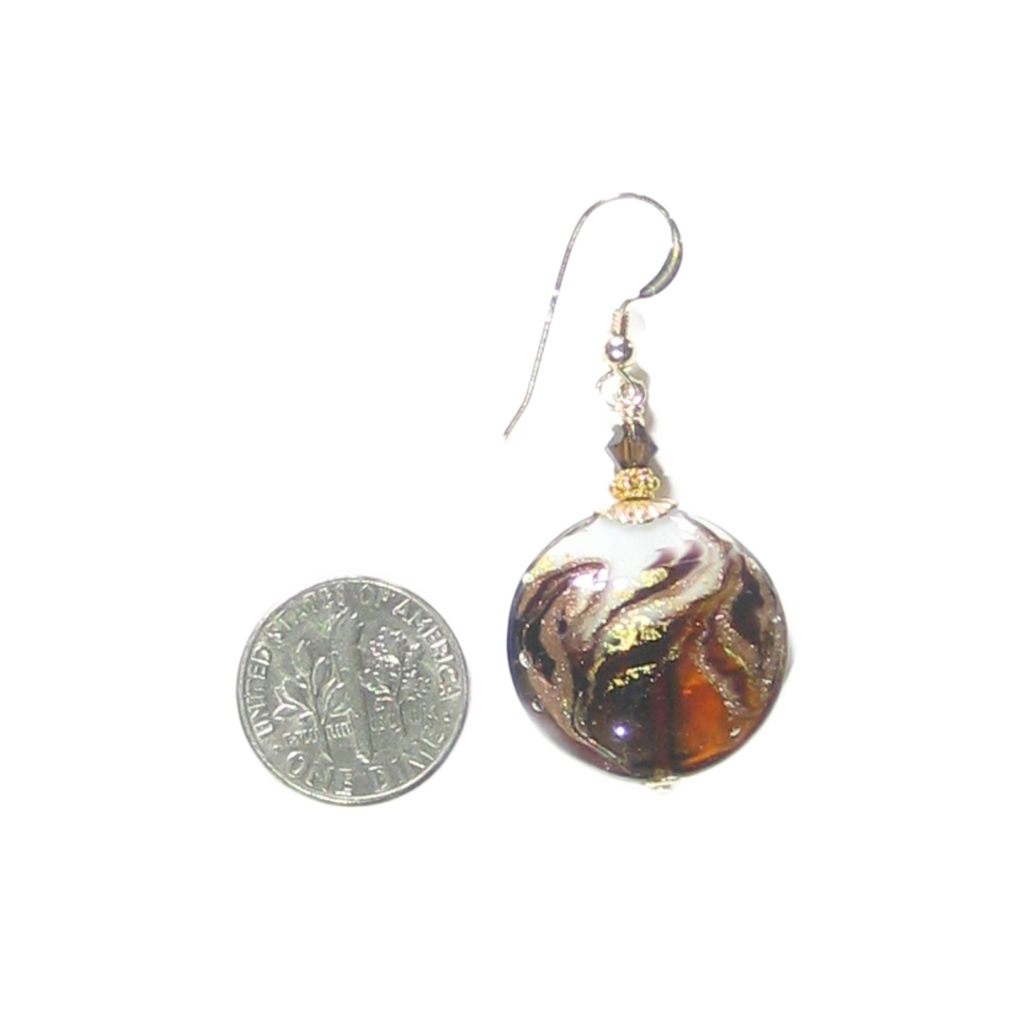Murano Glass Topaz White Swirl Disc Gold Earrings - JKC Murano