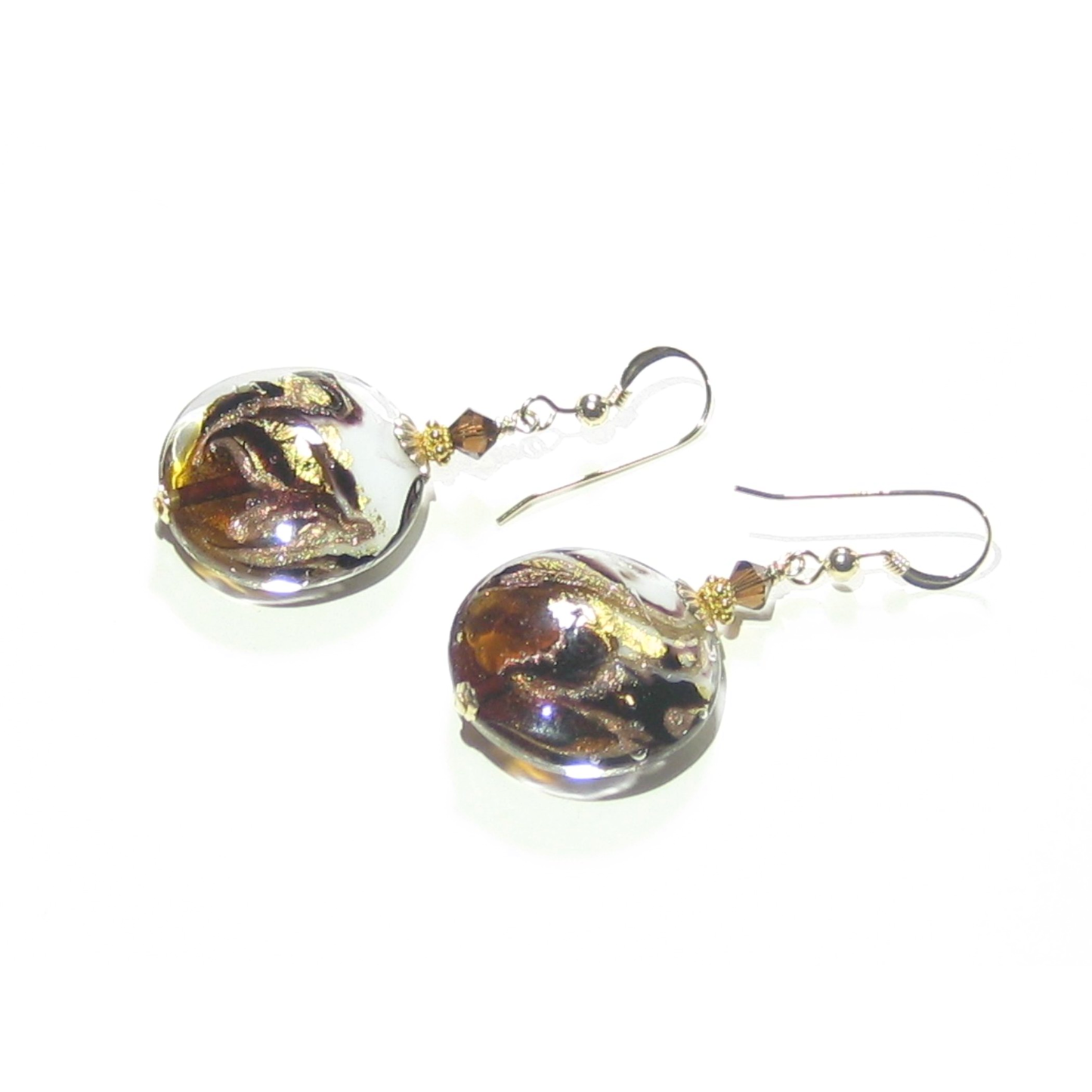 Murano Glass Topaz White Swirl Disc Gold Earrings - JKC Murano