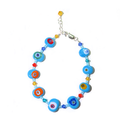 a blue bracelet with colorful beads and charms