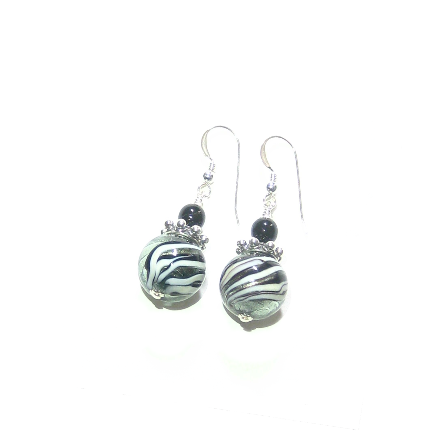 Murano Glass Black Steel Swirl Ball Silver Earrings, Italian Jewelry - JKC Murano