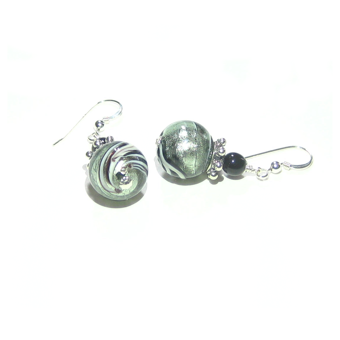 Murano Glass Black Steel Swirl Ball Silver Earrings, Italian Jewelry - JKC Murano