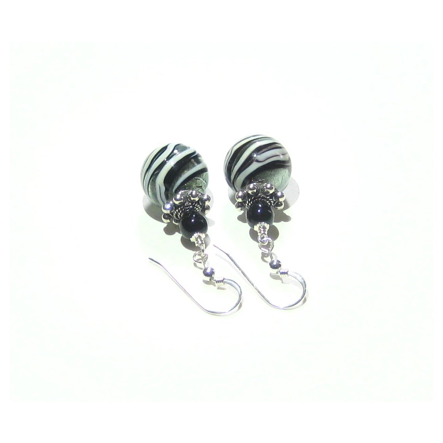 Murano Glass Black Steel Swirl Ball Silver Earrings, Italian Jewelry - JKC Murano
