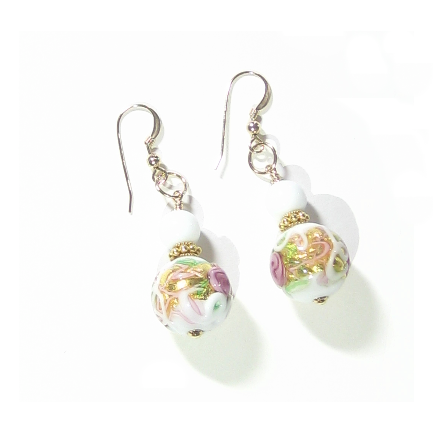 Murano Glass White Wedding Cake Rose Gold Earrings - JKC Murano
