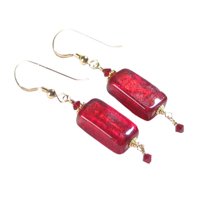 Venetian Glass Red Rectangle Gold Earrings