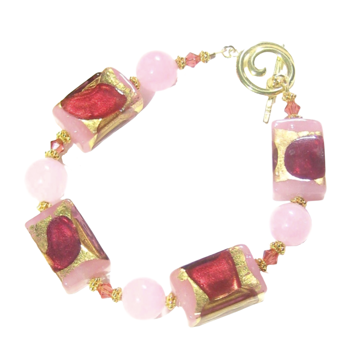 Bracelet JKC Murano en verre de Murano rose rectangulaire épais et doré