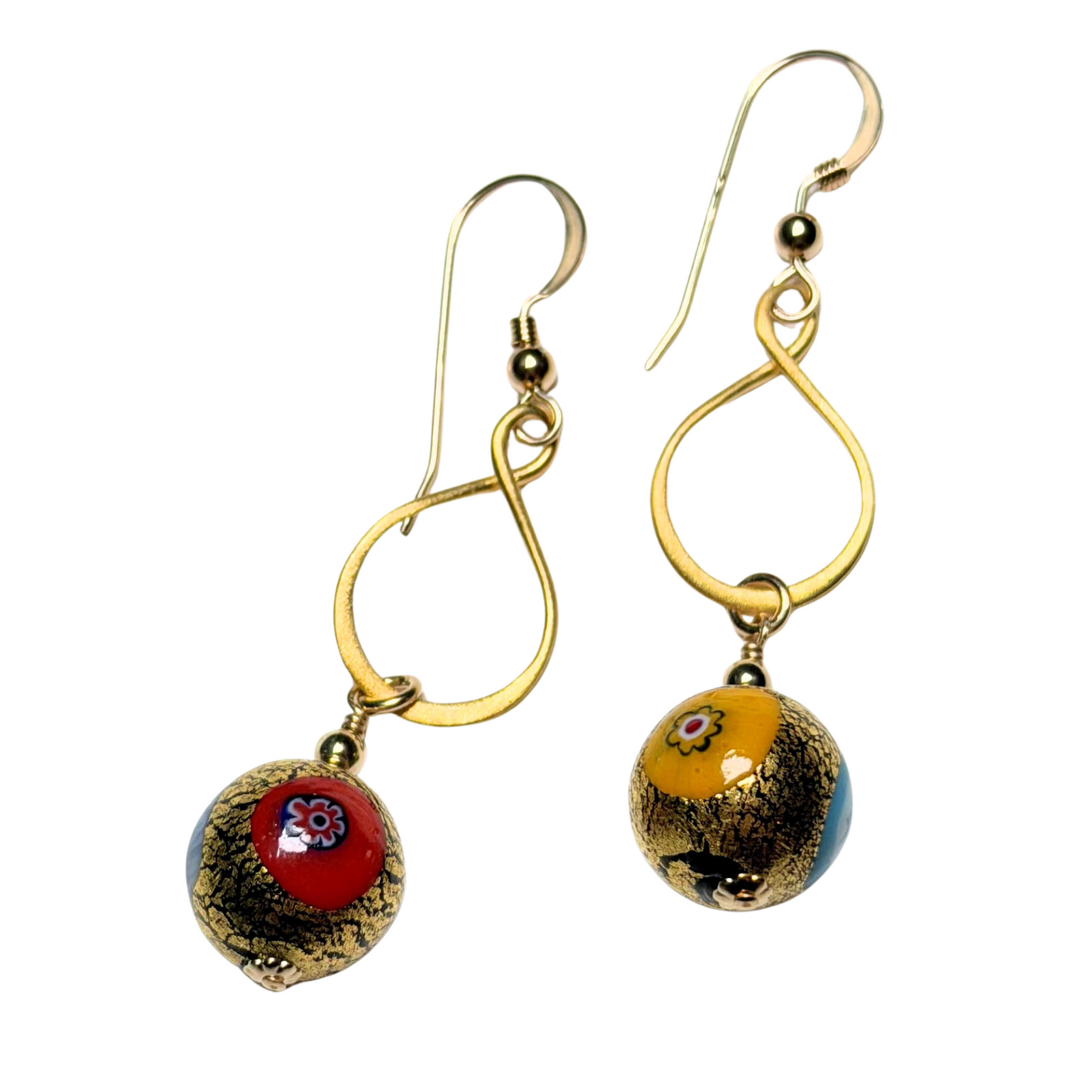 Murano colorful millefiori gold dangle earrings