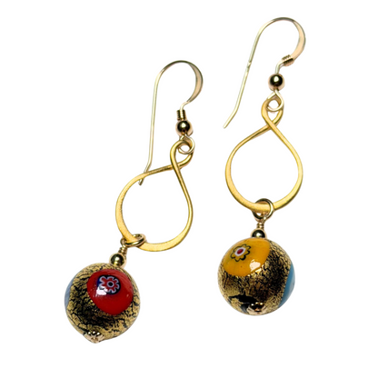 Murano colorful millefiori gold dangle earrings