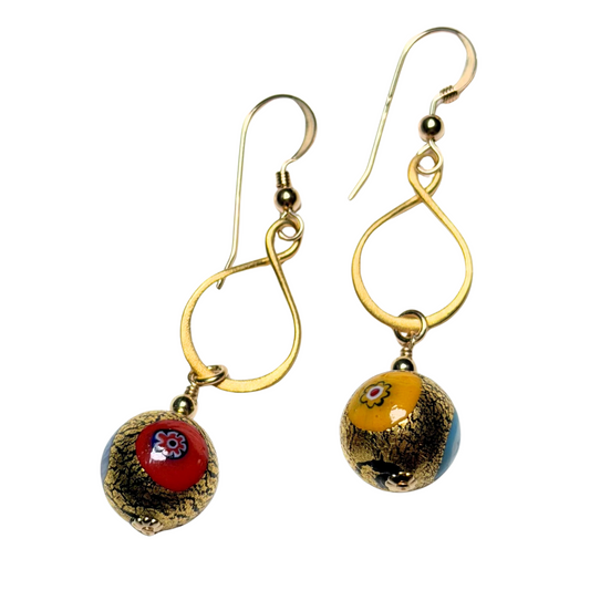 Murano colorful millefiori gold dangle earrings