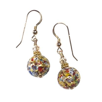 Pair of colorful round earrings on a white background