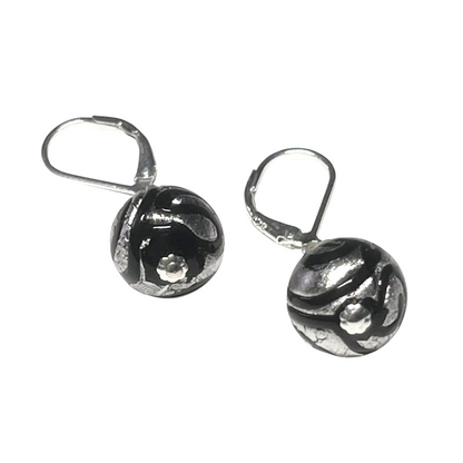 Murano Glass Black White Gold Swirl Ball Silver Earrings