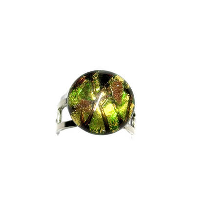 Ring with a green and brown gemstone on a white background