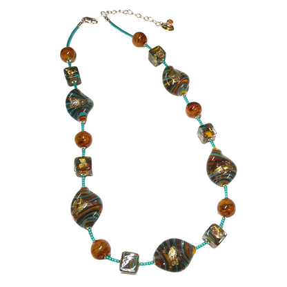 Murano Glass Statement Gold Necklace – Italian Twist and Cube Beads