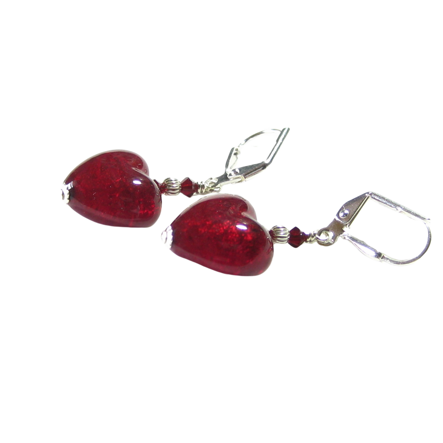 Murano Glass Red Heart Sterling Silver Earrings, Venetian Jewelry