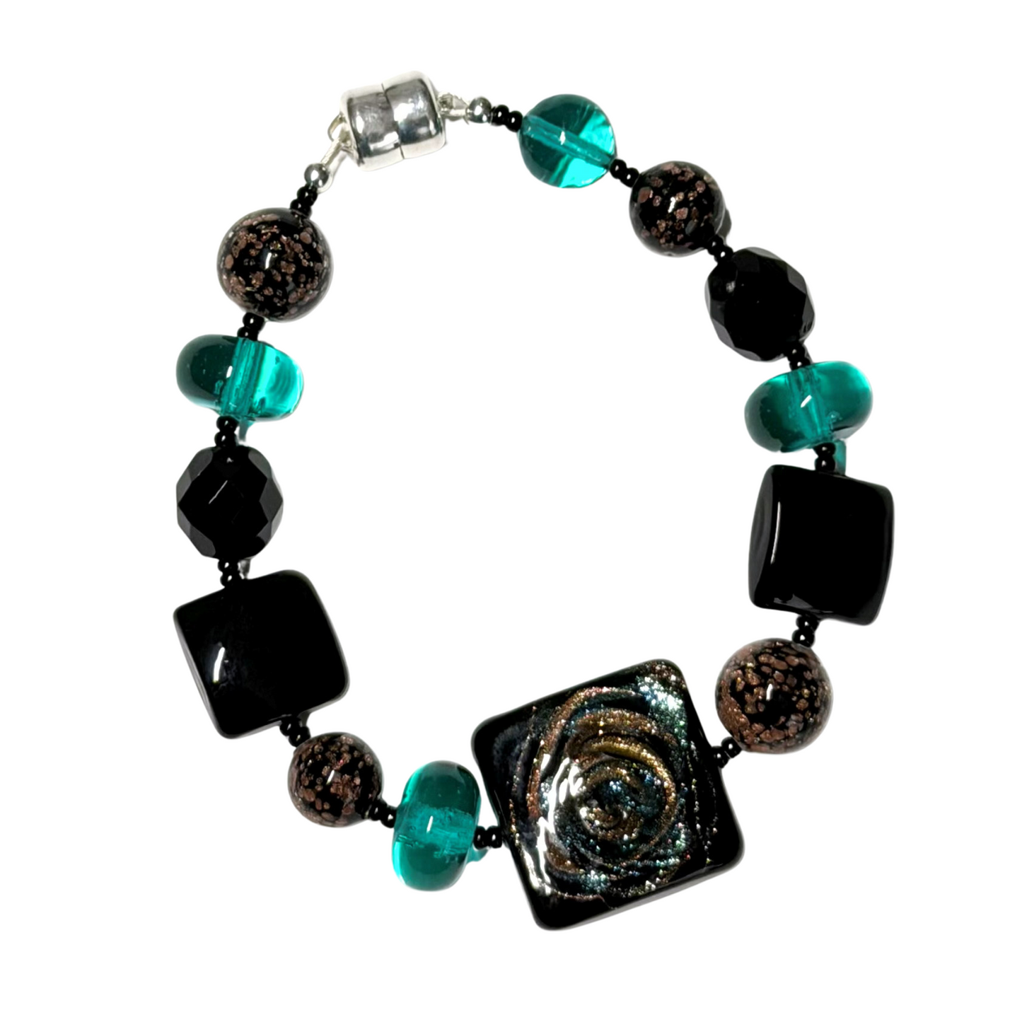 One-of-a-Kind Black Teal Copper Murano Glass MAG-LOK Sterling Silver Bracelet