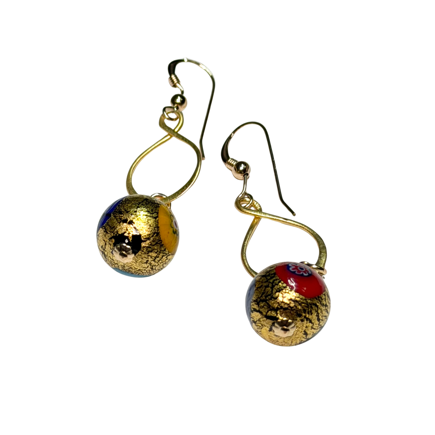 Murano Glass Millefiori Gold Vermeil Drop Gold Earrings
