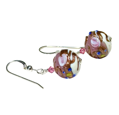 Murano Glass Wedding Cake Pink Rose Sterling Silver Earrings