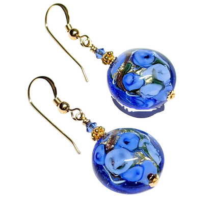 Murano Blue Bed of Roses Disc Gold Earrings