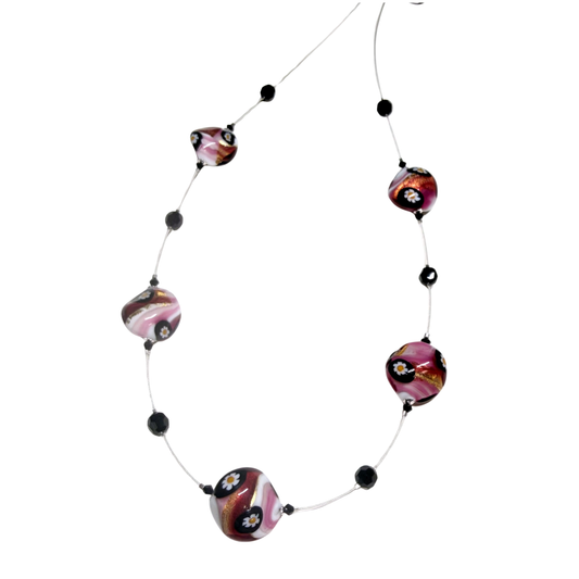 Collier en argent illusion lentille torsadée Murano Millefiori rose