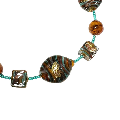 Murano Glass Statement Gold Necklace – Italian Twist and Cube Beads