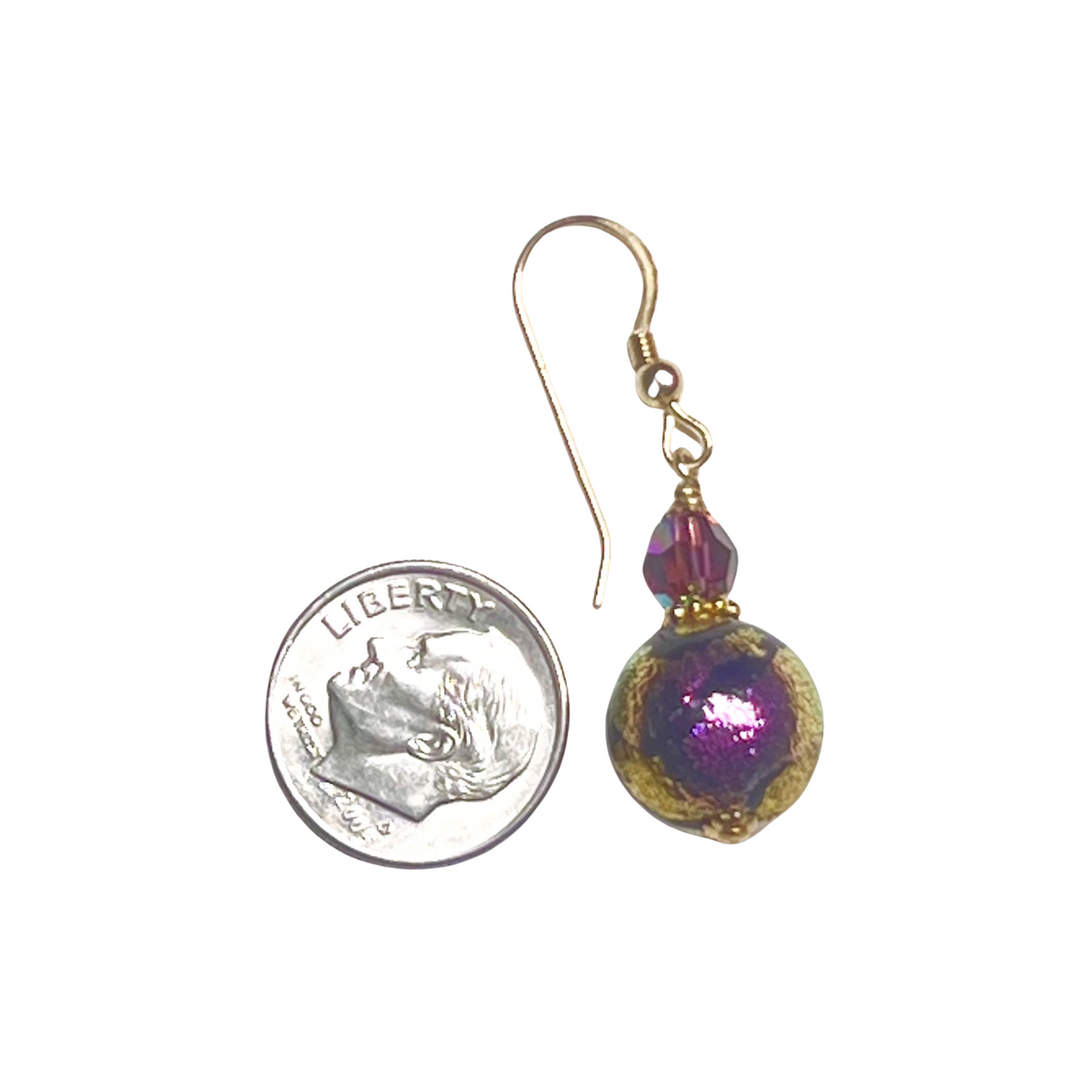 Murano Glass Pink Black Dichroic Ball Gold Earrings