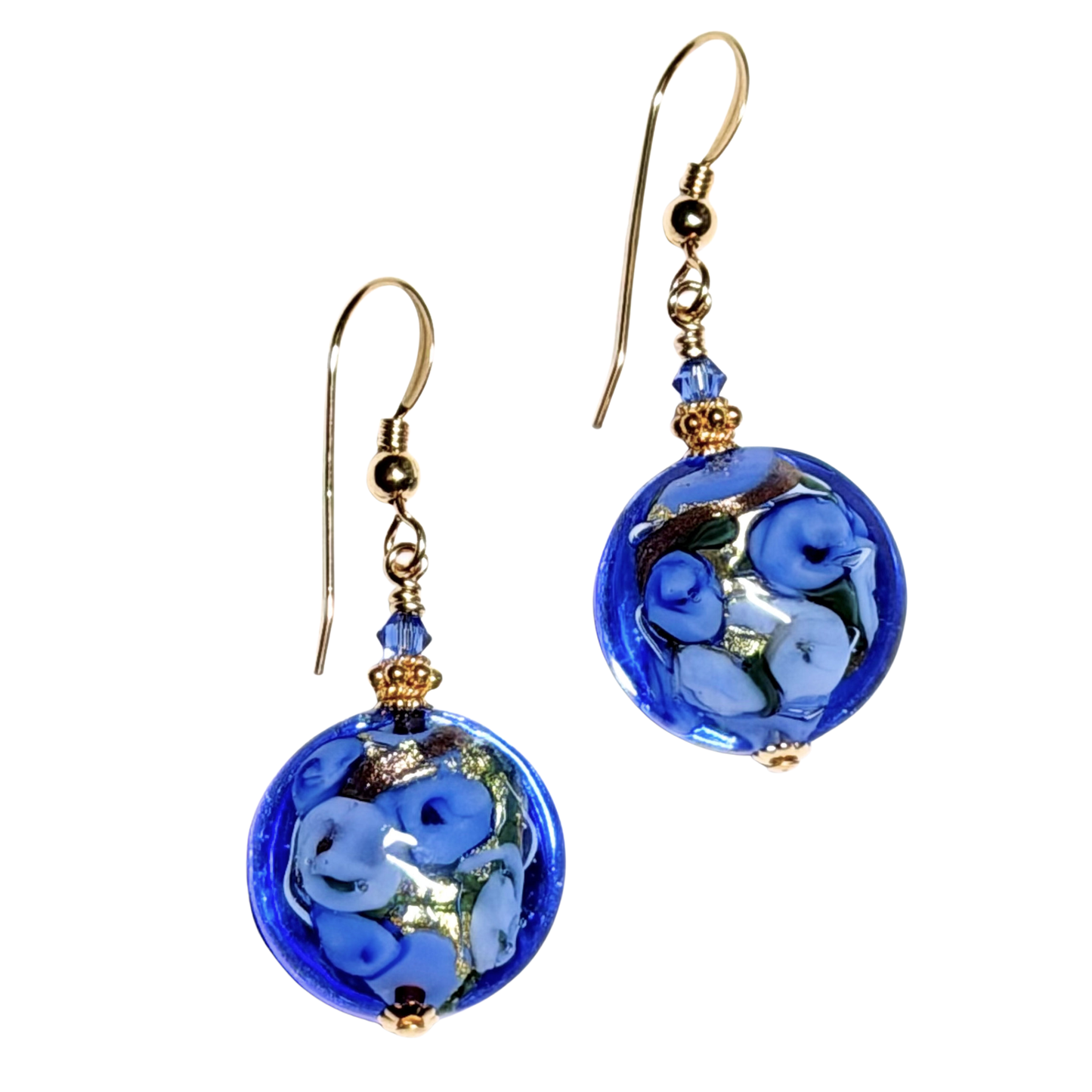 Murano Blue Bed of Roses Disc Gold Earrings