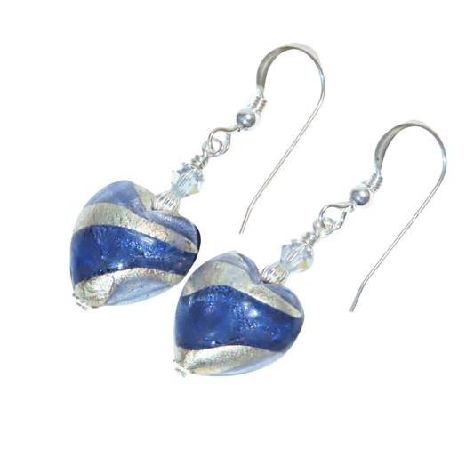 Murano Glass Dark Blue Swirl Heart Silver Earrings