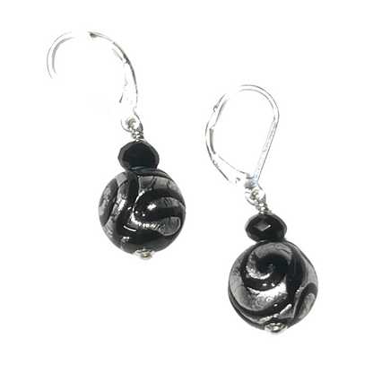 Murano Glass Black White Gold Swirl Ball Silver Earrings