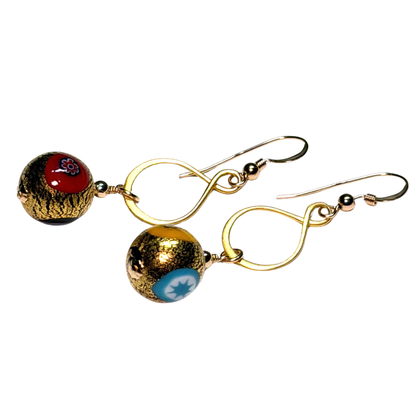 Murano Glass Millefiori Gold Vermeil Drop Gold Earrings