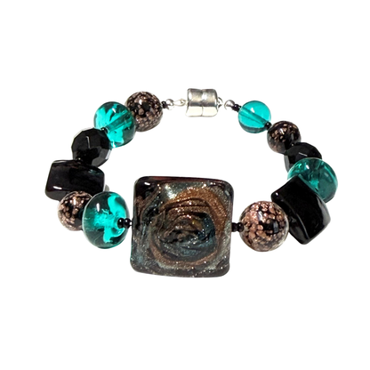 One-of-a-Kind Black Teal Copper Murano Glass MAG-LOK Sterling Silver Bracelet