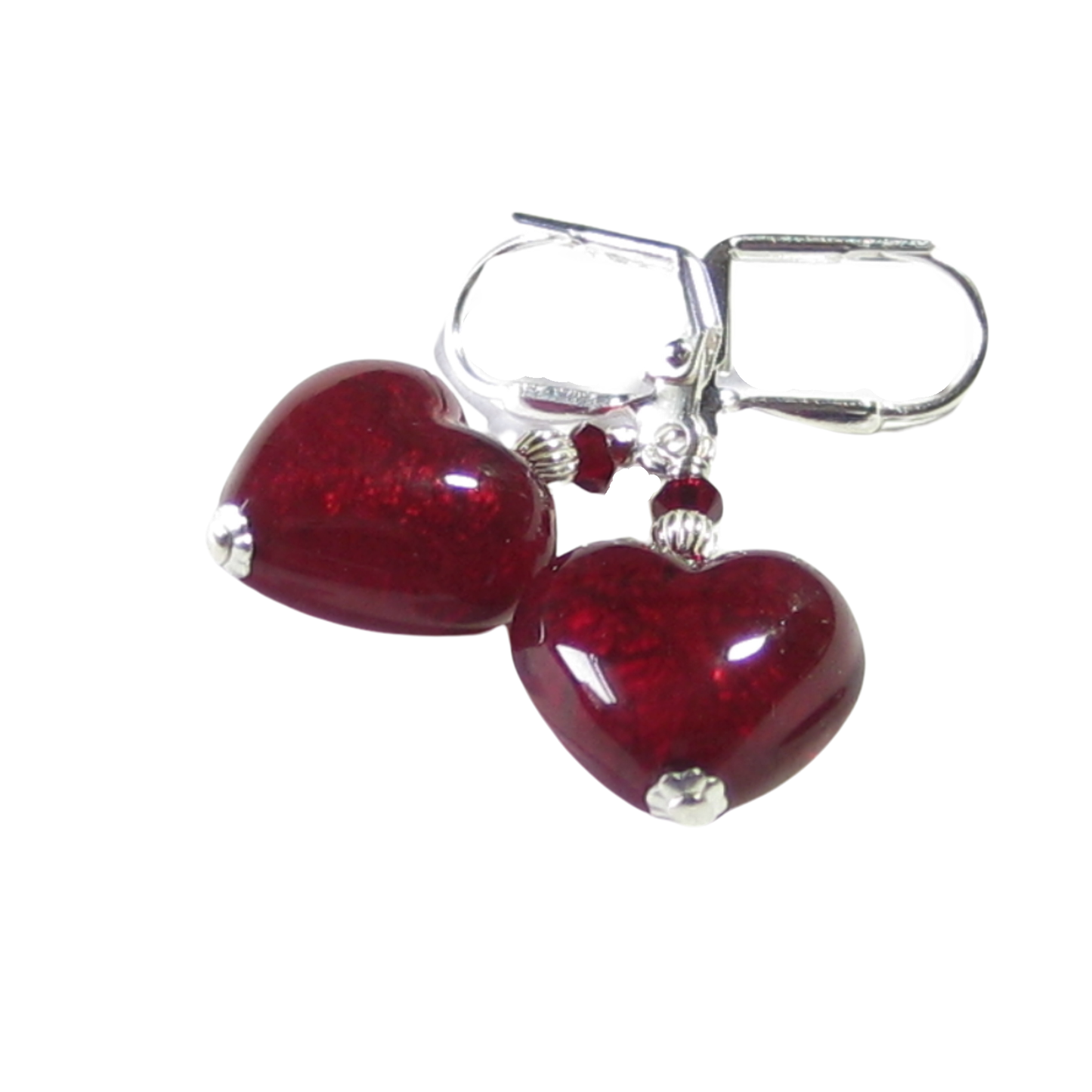 Murano Glass Red Heart Sterling Silver Earrings, Venetian Jewelry