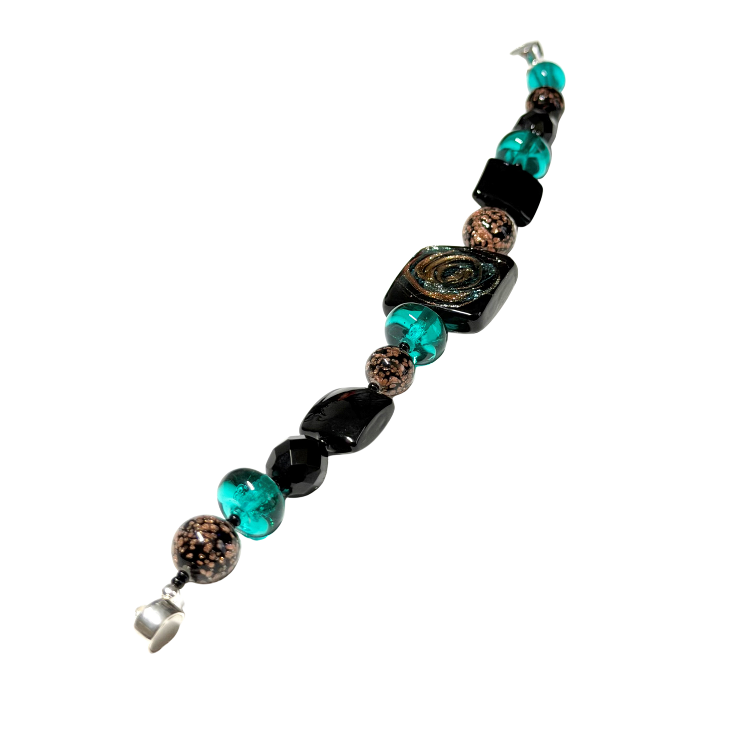 One-of-a-Kind Black Teal Copper Murano Glass MAG-LOK Sterling Silver Bracelet