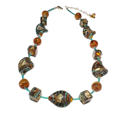 Murano Glass Statement Gold Necklace – Italian Twist and Cube Beads