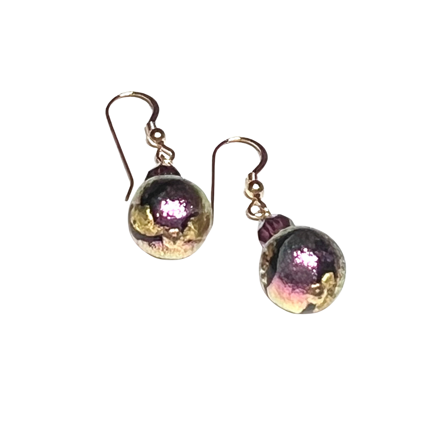 Murano Glass Pink Black Dichroic Ball Gold Earrings