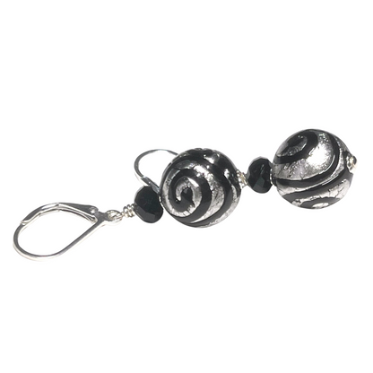 Murano Glass Black White Gold Swirl Ball Silver Earrings