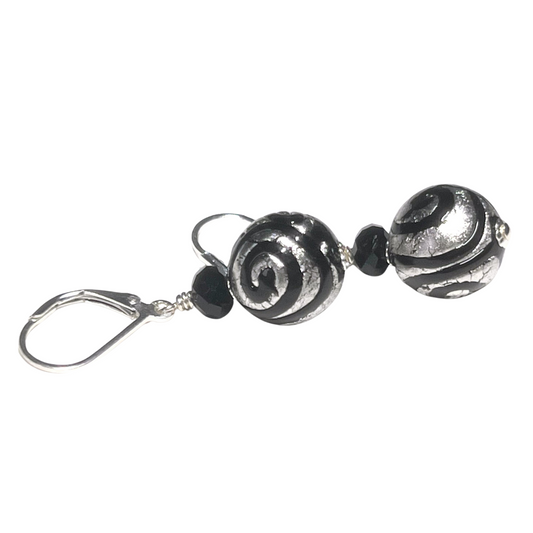 Murano Glass Black White Gold Swirl Ball Silver Earrings