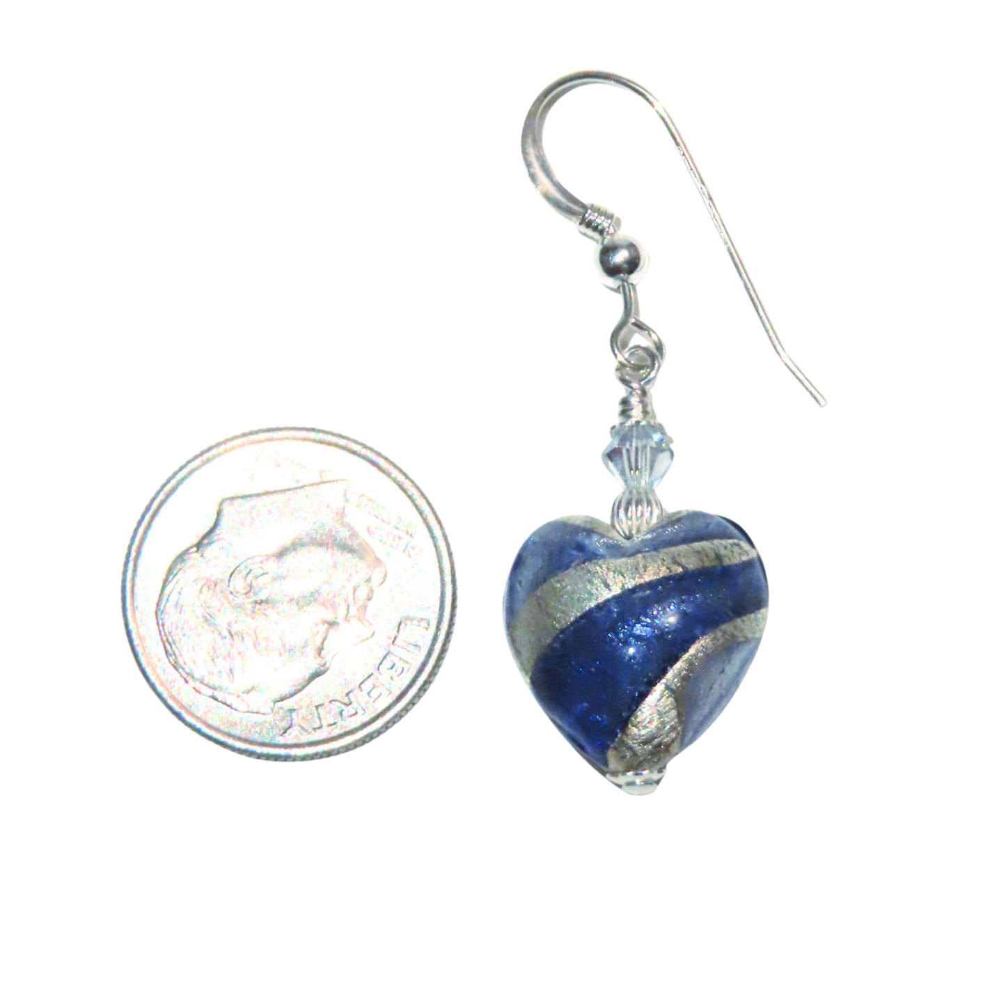 Murano Glass Dark Blue Swirl Heart Silver Earrings