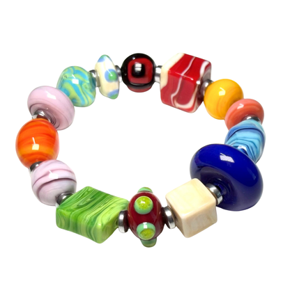 A multicolor glass bead stretch bracelet featuring a variety of marbled, striped, and solid glass beads in vibrant colors like blue, green, red, orange, yellow, pink, and white, displayed on a clean white background.