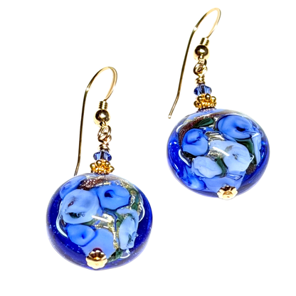 Murano Blue Bed of Roses Disc Gold Earrings