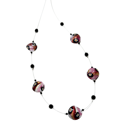 Collier en argent illusion lentille torsadée Murano Millefiori rose