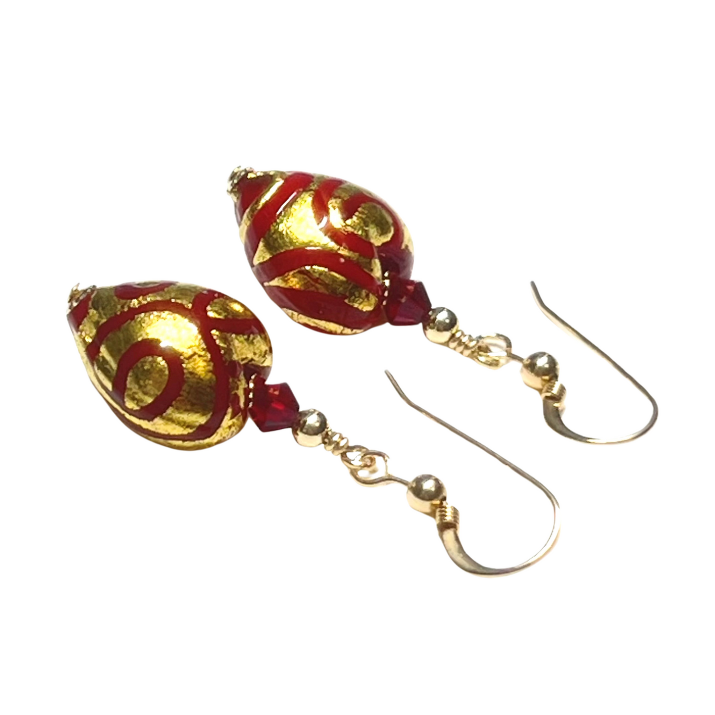 Murano Glass Earrings with Red Swirl Heart Beads, Gold Earrings
